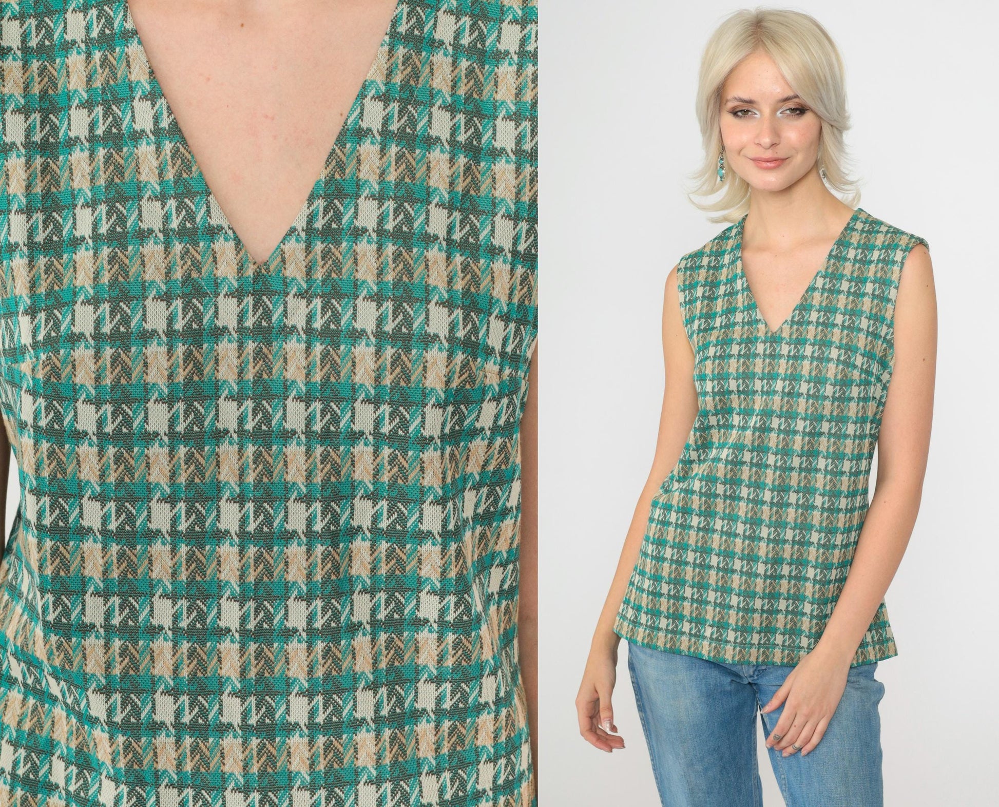 70s Plaid Tank Top Turquoise V-Neck Sleeveless Checkered Shirt Small