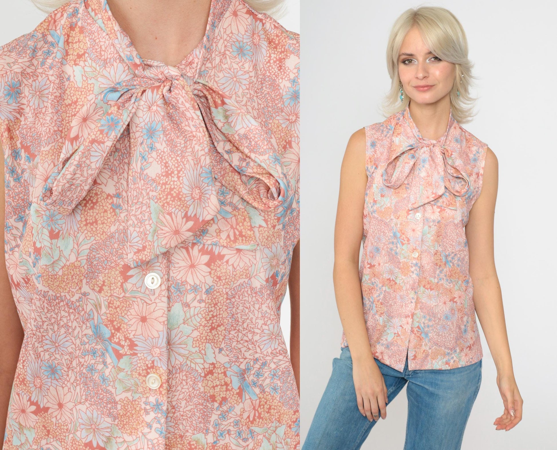 70s Pink Floral Sleeveless Blouse Ascot Bow Neck Button Up Small