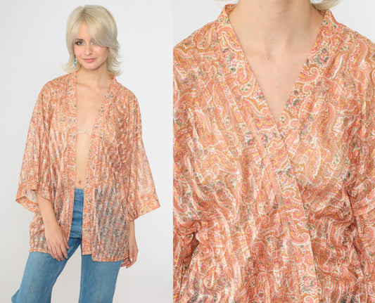 70s Paisley Kimono Jacket Peach Gold Sheer Wide Sleeve Open Front Medium Large