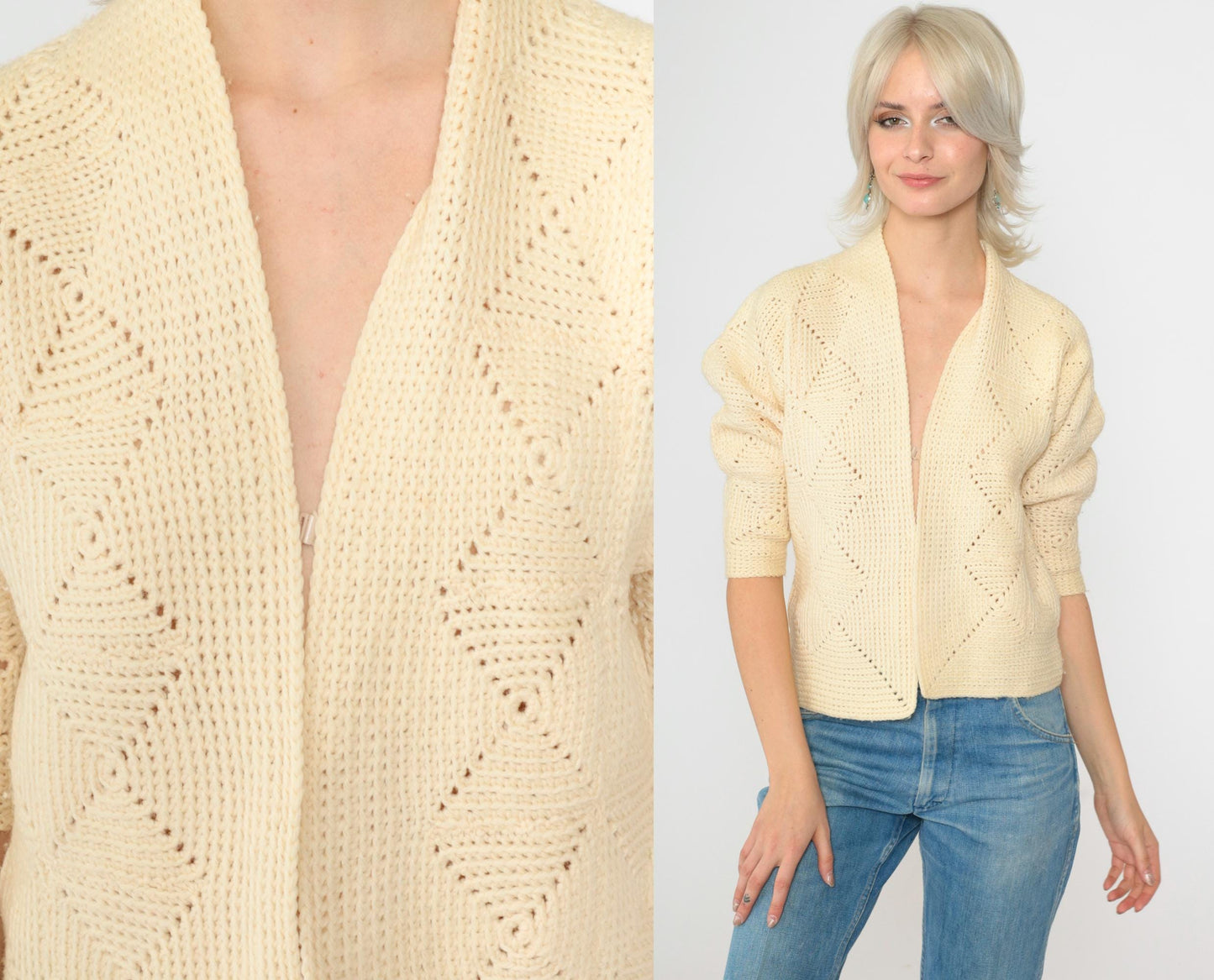 70s Cream Open Knit Cardigan Cropped Dolman Sleeve Geometric Textured Extra Small