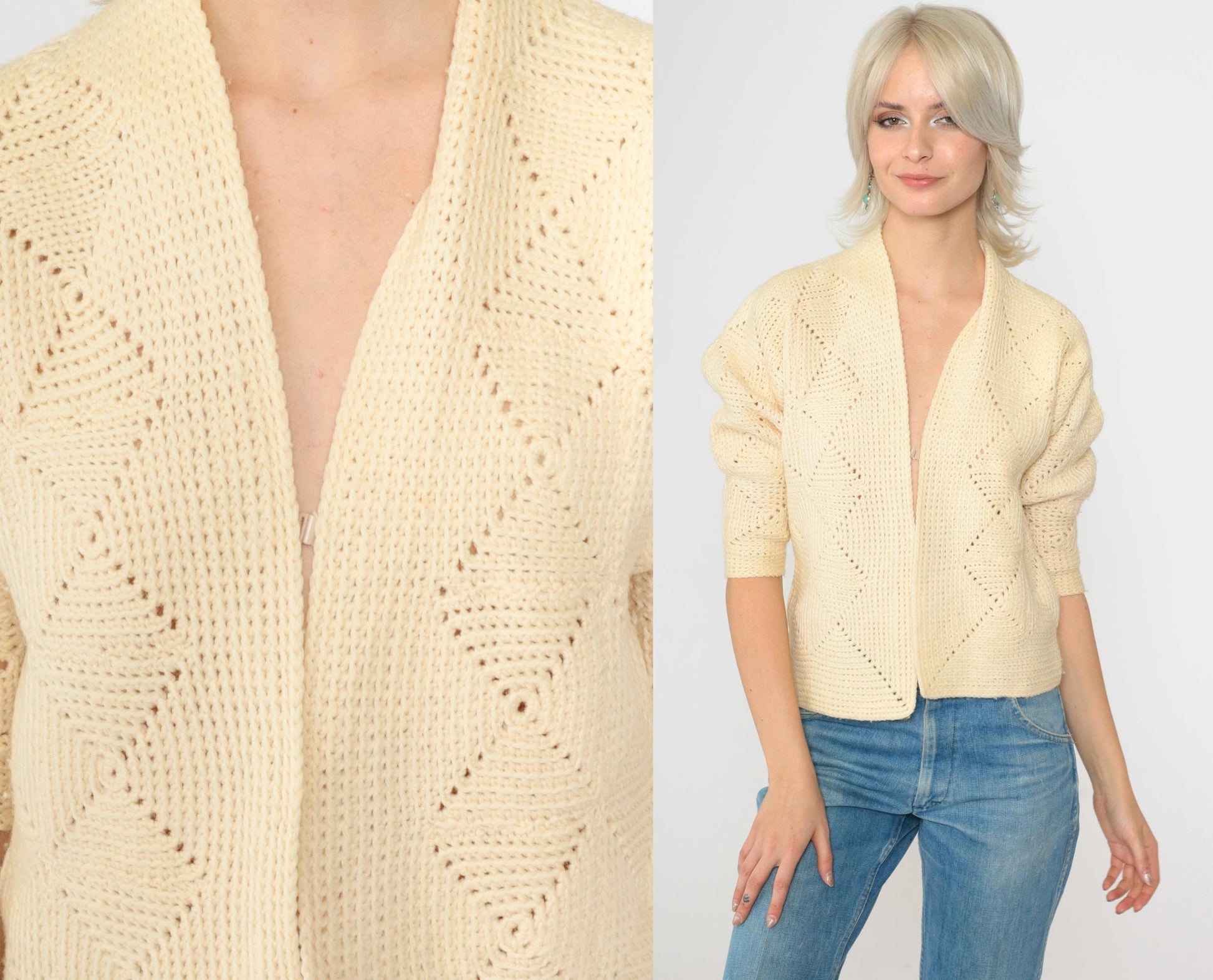 70s Cream Open Knit Cardigan Cropped Dolman Sleeve Geometric Textured Extra Small