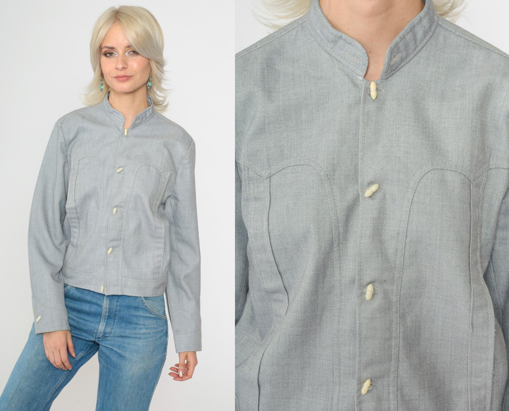 70s Western Jacket Grey Cotton Blend Toggle Button Mandarin Collar Small