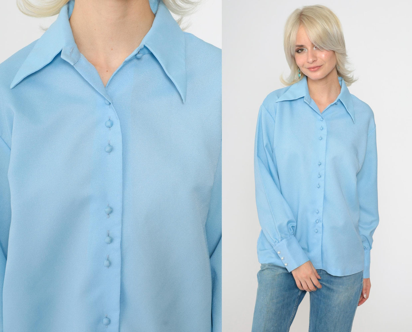 70s Baby Blue Button-Up Blouse Dagger Collar Long Sleeve Small