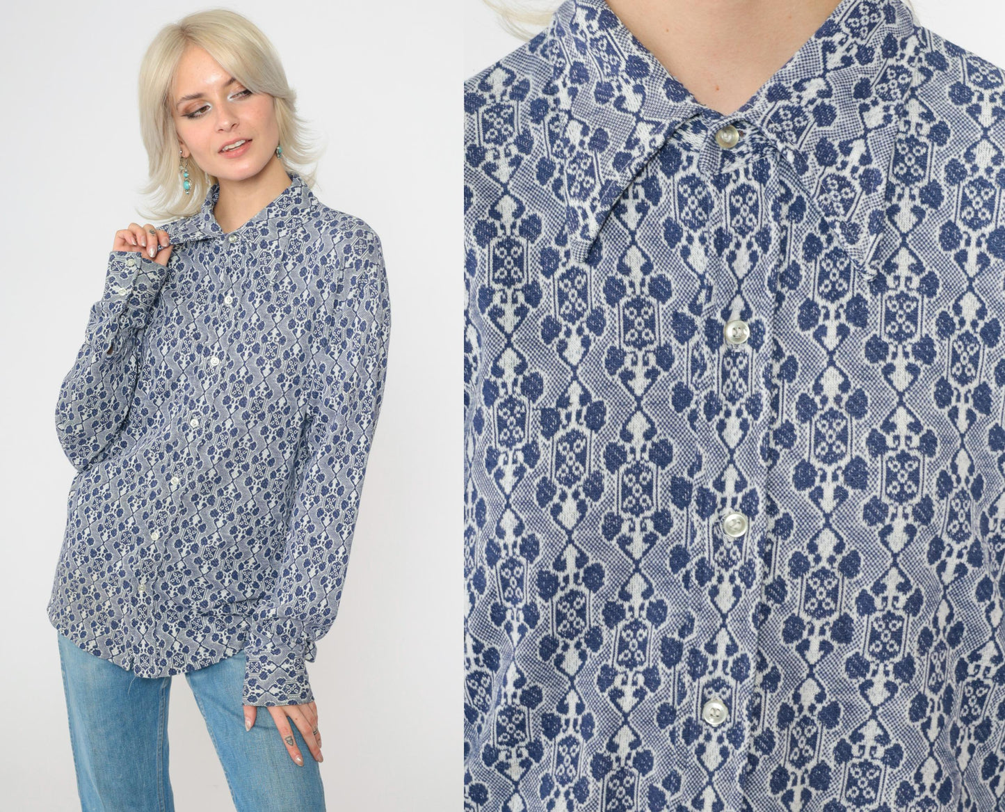 70s Van Heusen Jacquard Geometric Button Up Shirt Blue White Large