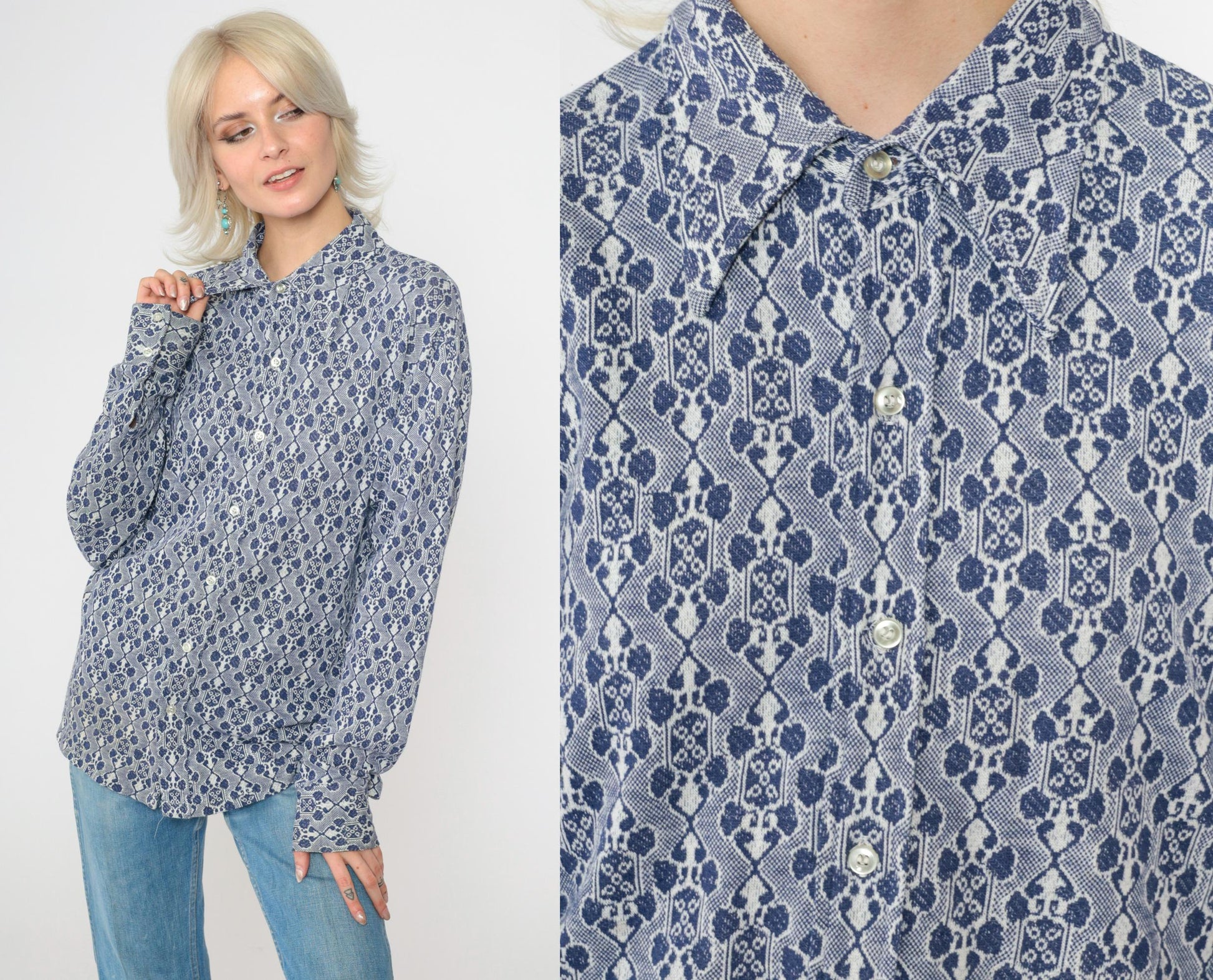 70s Van Heusen Jacquard Geometric Button Up Shirt Blue White Large