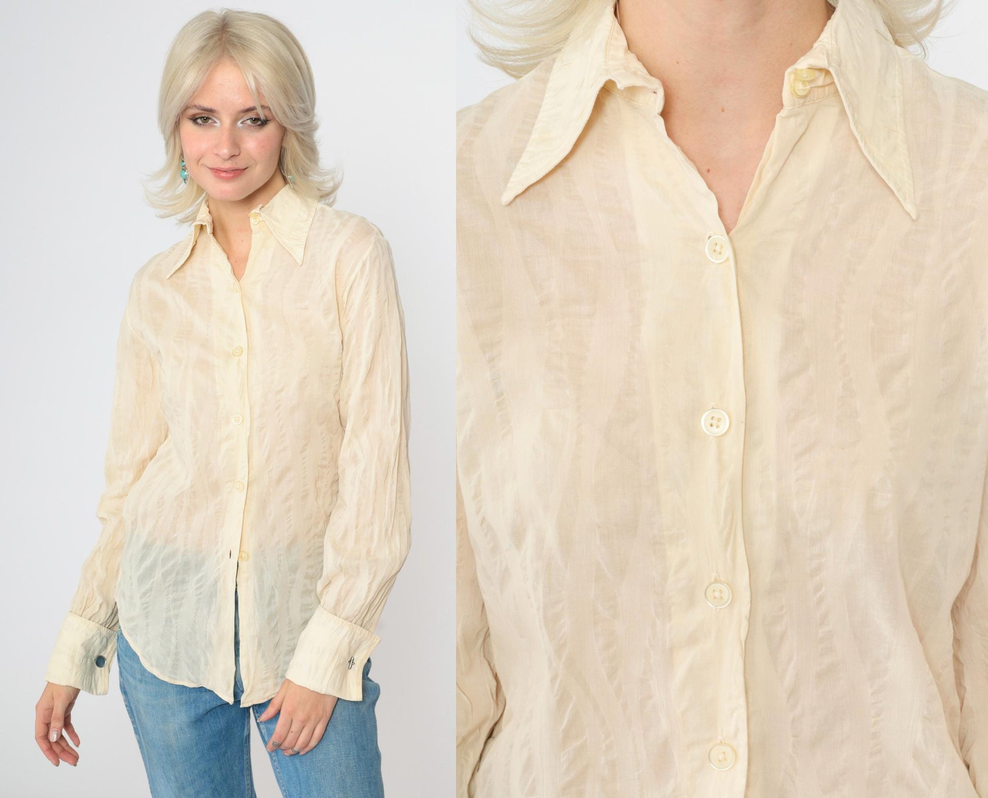 70s Morgan of London Cream Striped Dagger Collar Blouse Long Sleeve Small
