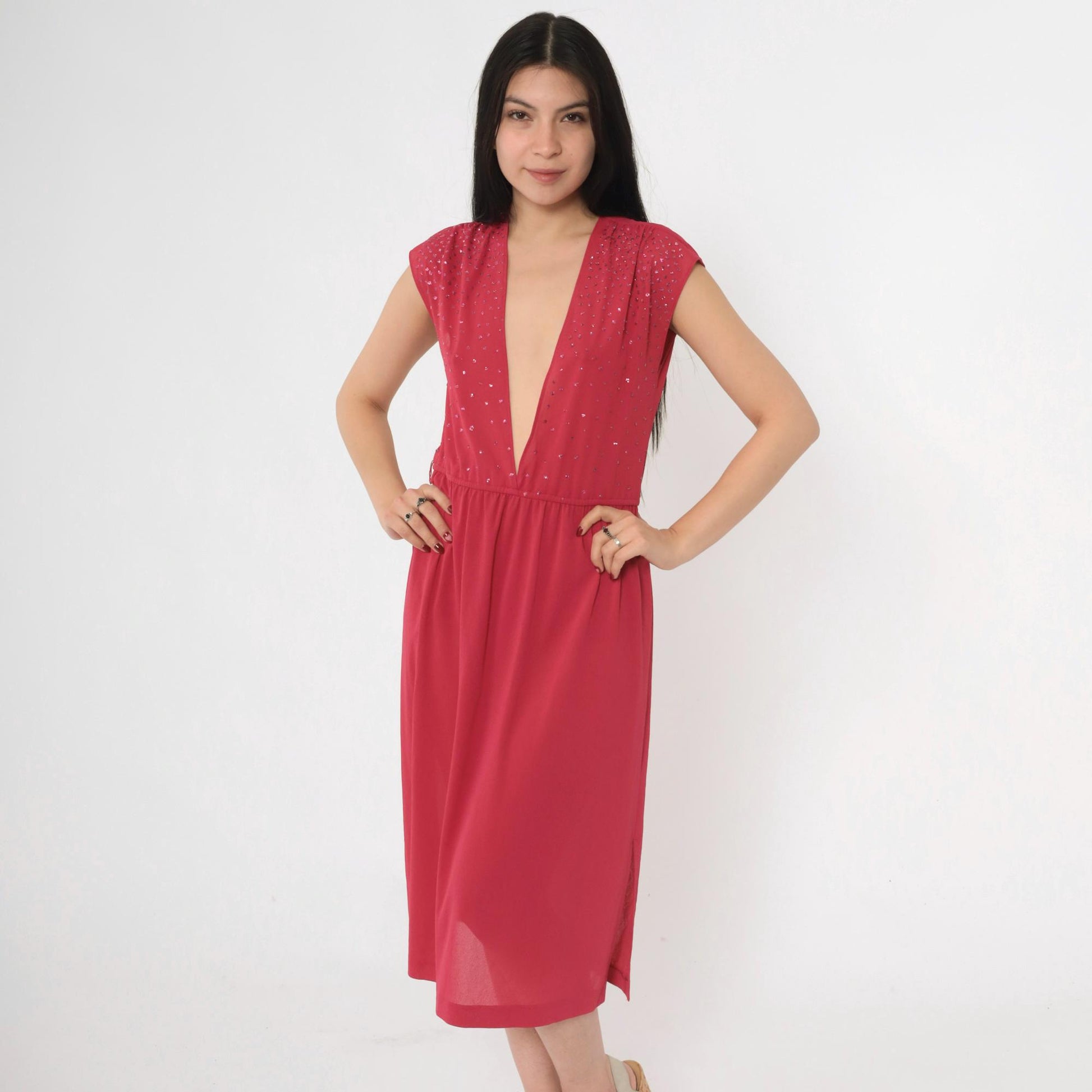 70s Raspberry Glitter Midi Dress Plunge V Neckline Cap Sleeve Small