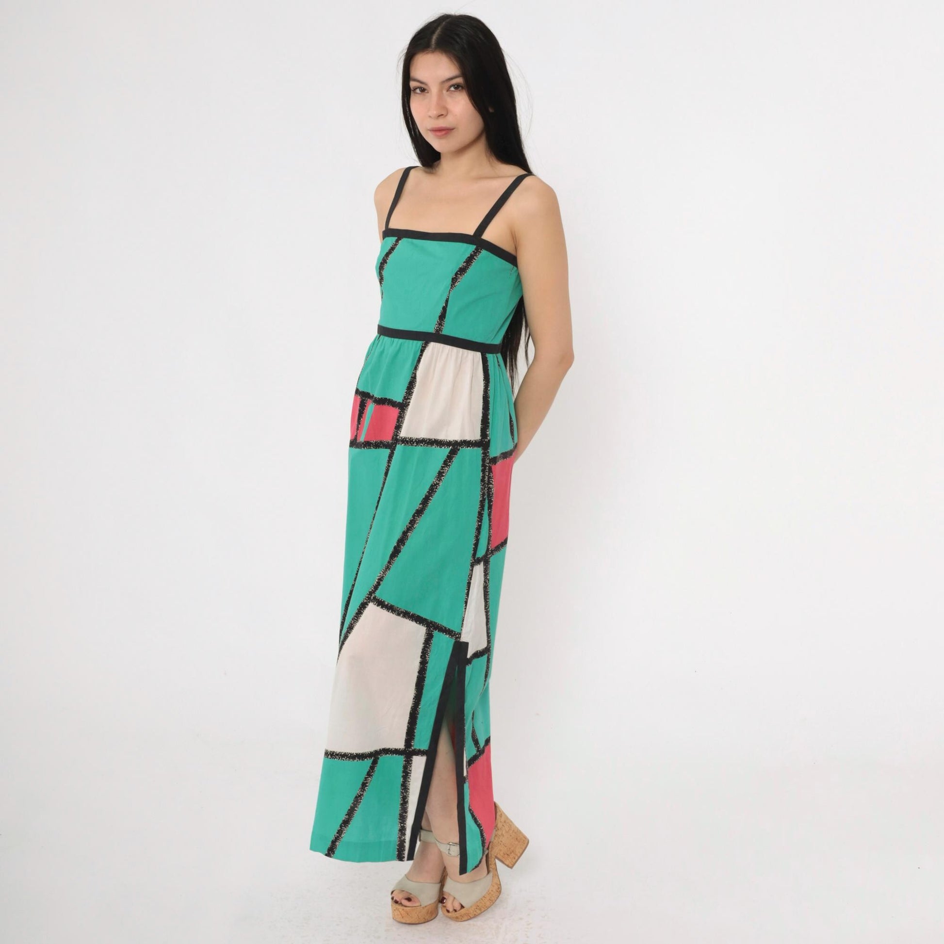 80s Teal Fuchsia Colorblock Maxi Sundress Spaghetti Strap High Waist Extra Small