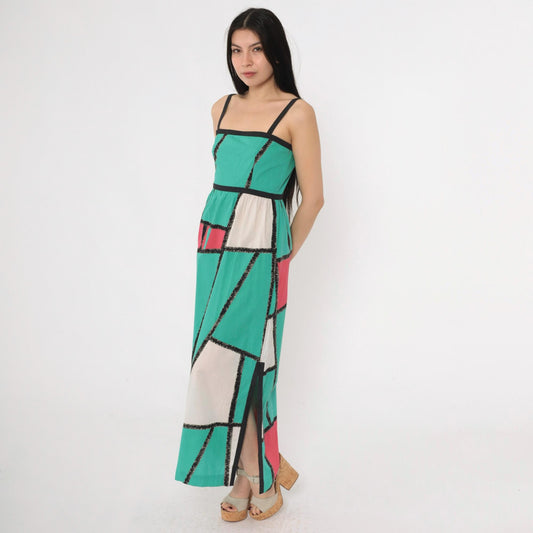 80s Teal Fuchsia Colorblock Maxi Sundress Spaghetti Strap High Waist Extra Small