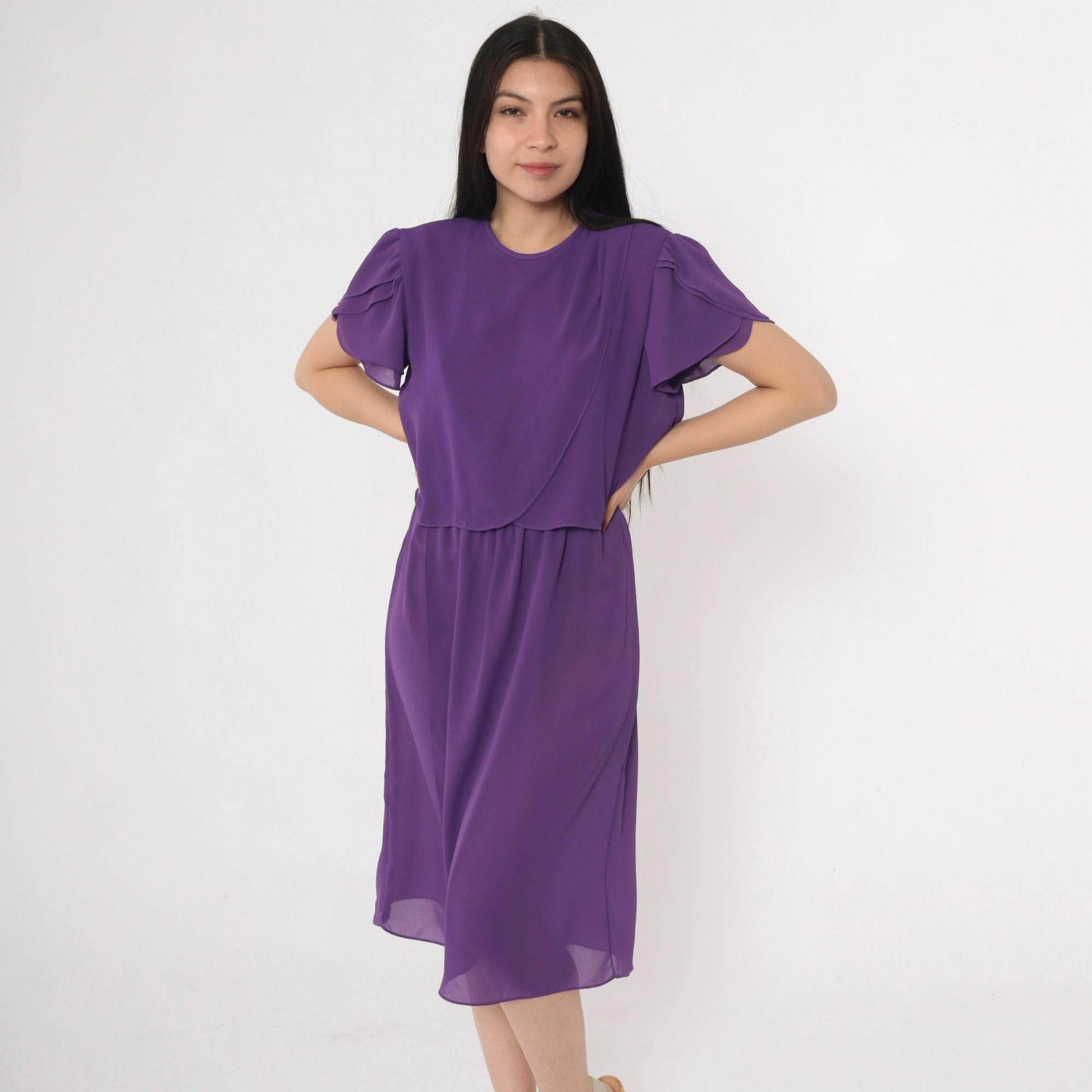 80s Purple Tulip Sleeve Dress Layered Bodice Knee Length Medium M