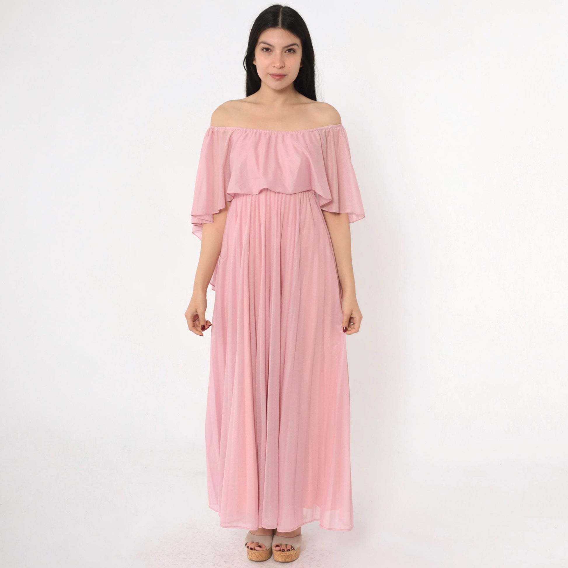 70s Pink Grecian Maxi Dress Capelet Flutter Sleeve High Waist Extra Small
