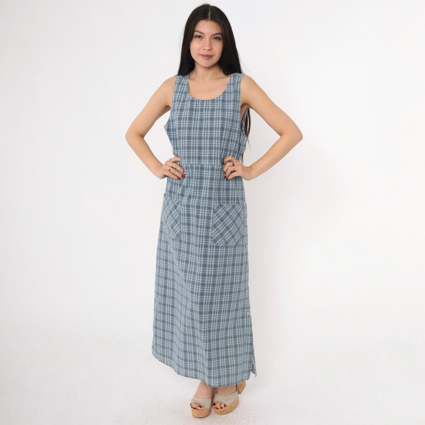 90s Erika & Co Blue Plaid Maxi Jumper Dress Cotton High Waist Medium M