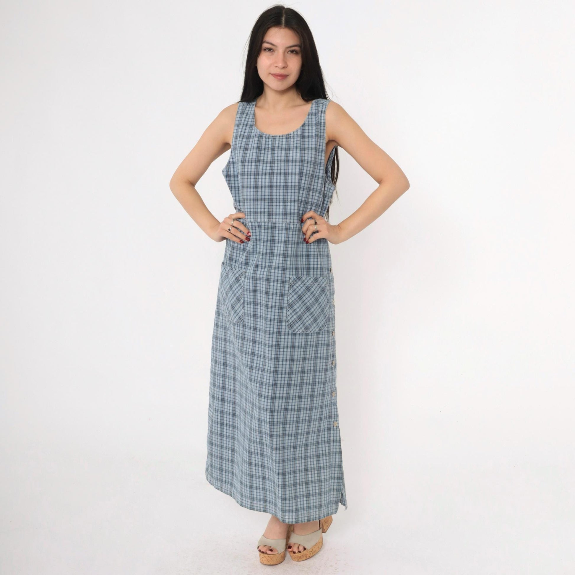 90s Erika & Co Blue Plaid Maxi Jumper Dress Cotton High Waist Medium M