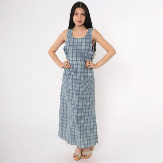 90s Erika & Co Blue Plaid Maxi Jumper Dress Cotton High Waist Medium M
