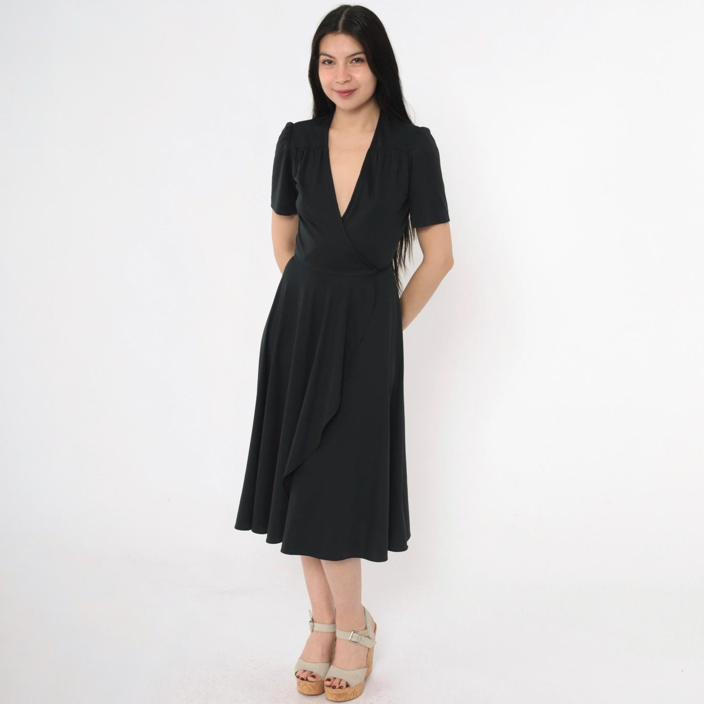 70s Young Edwardian Arpeja Black Wrap Midi Dress Puff Sleeve V Neck Small