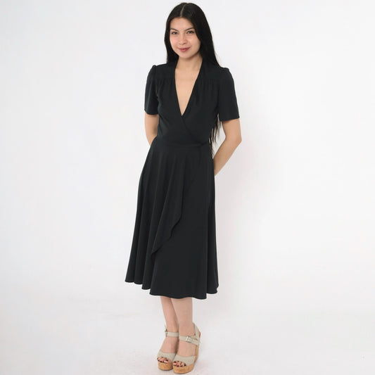 70s Young Edwardian Arpeja Black Wrap Midi Dress Puff Sleeve V Neck Small