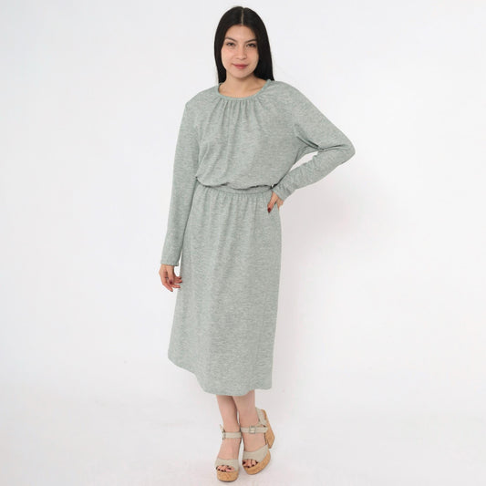 80s Heather Green Wool Blend Midi Dress High Waist Long Sleeve Belt Extra Large