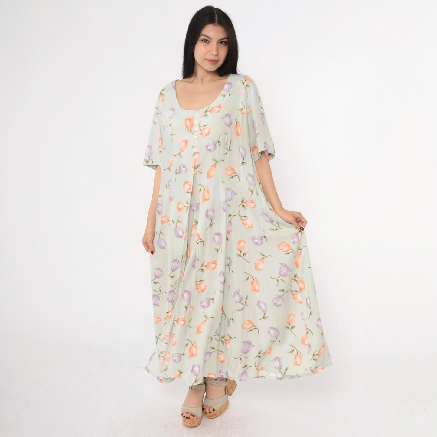 90s Jamie Brooke Floral Maxi Dress Green Button-Up Scoop Neck Short Sleeve XXL