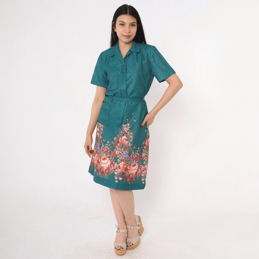 70s Nancy Frock Floral Polka Dot Shift Dress Teal Midi Collared Medium