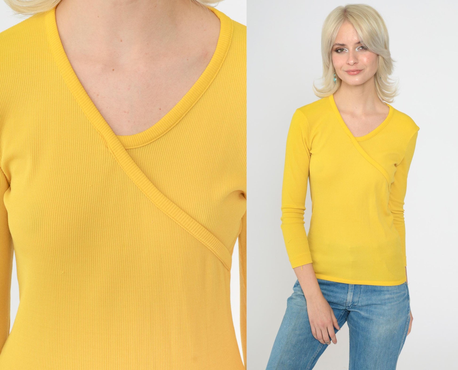 70s Yellow Ribbed Nylon Blouse Asymmetrical Faux Wrap V-Neck Long Sleeve XS