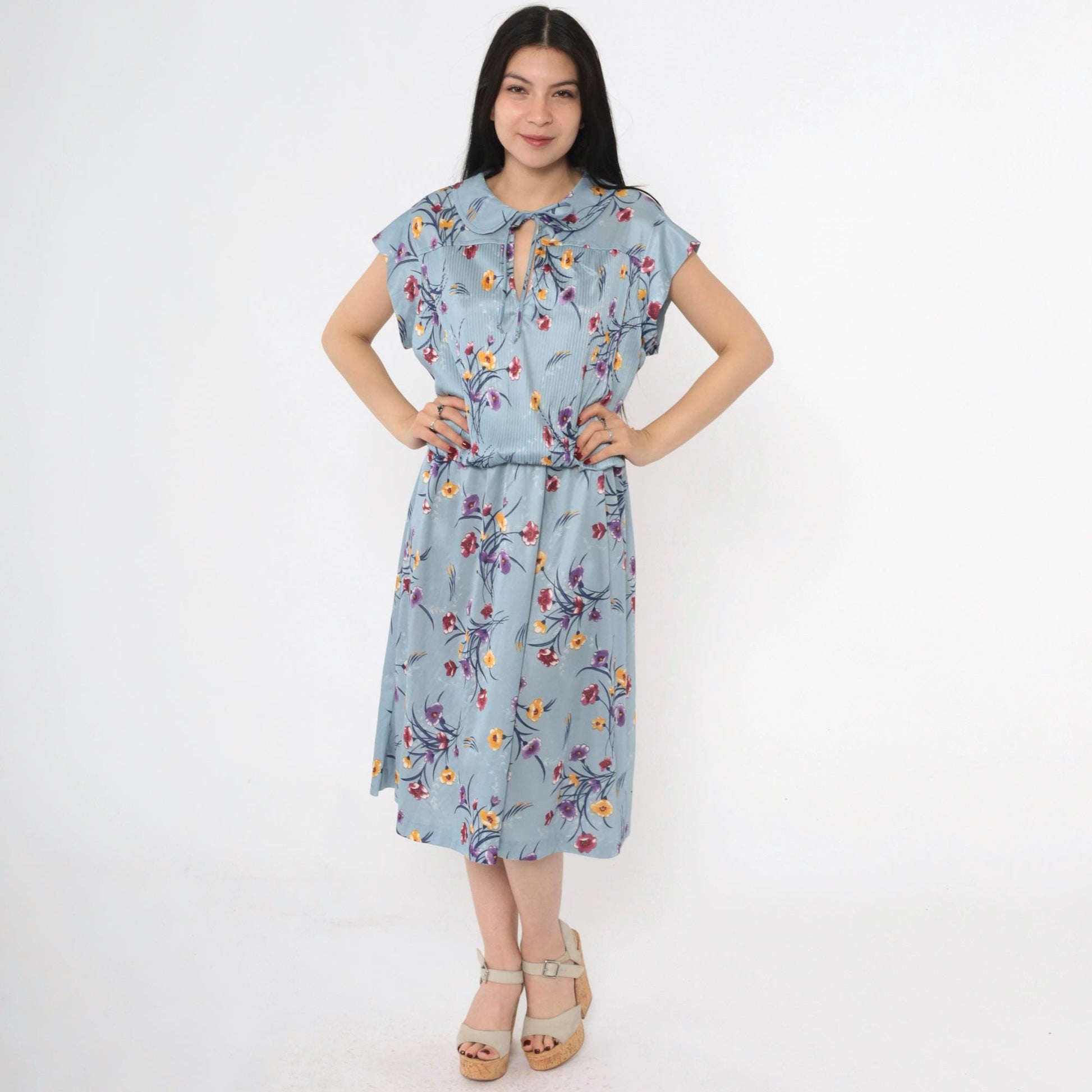 70s Blue Floral Midi Dress High Waist Peter Pan Collar Keyhole Cap Sleeve Extra Large