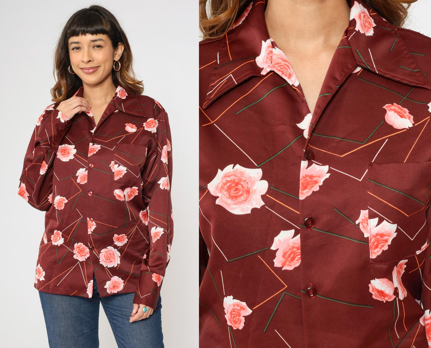 70s Triumph of California Floral Geometric Striped Button Up Shirt Maroon Medium