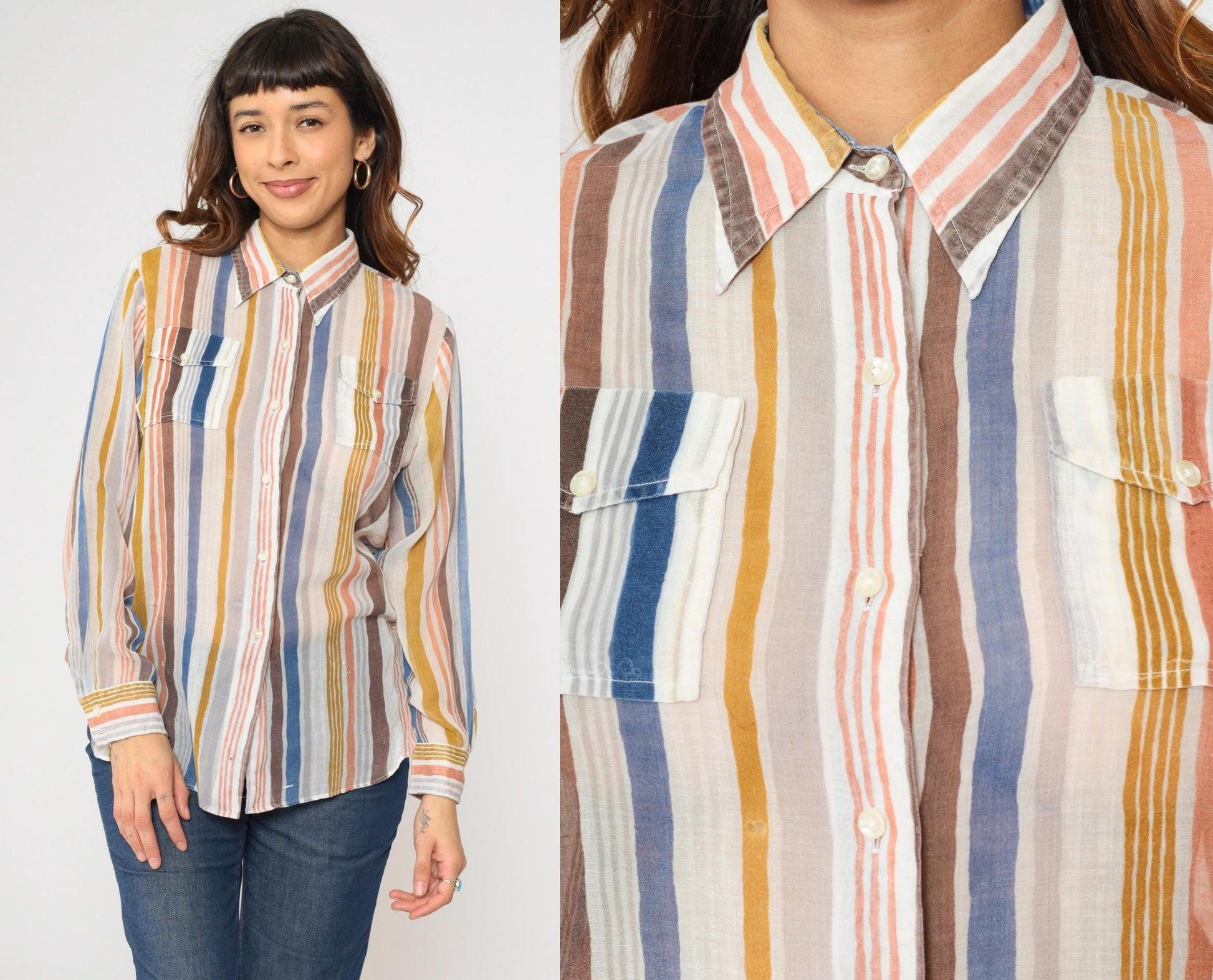 70s Tannerway Striped Button Up Shirt Sheer Earth Tone Long Sleeve Large