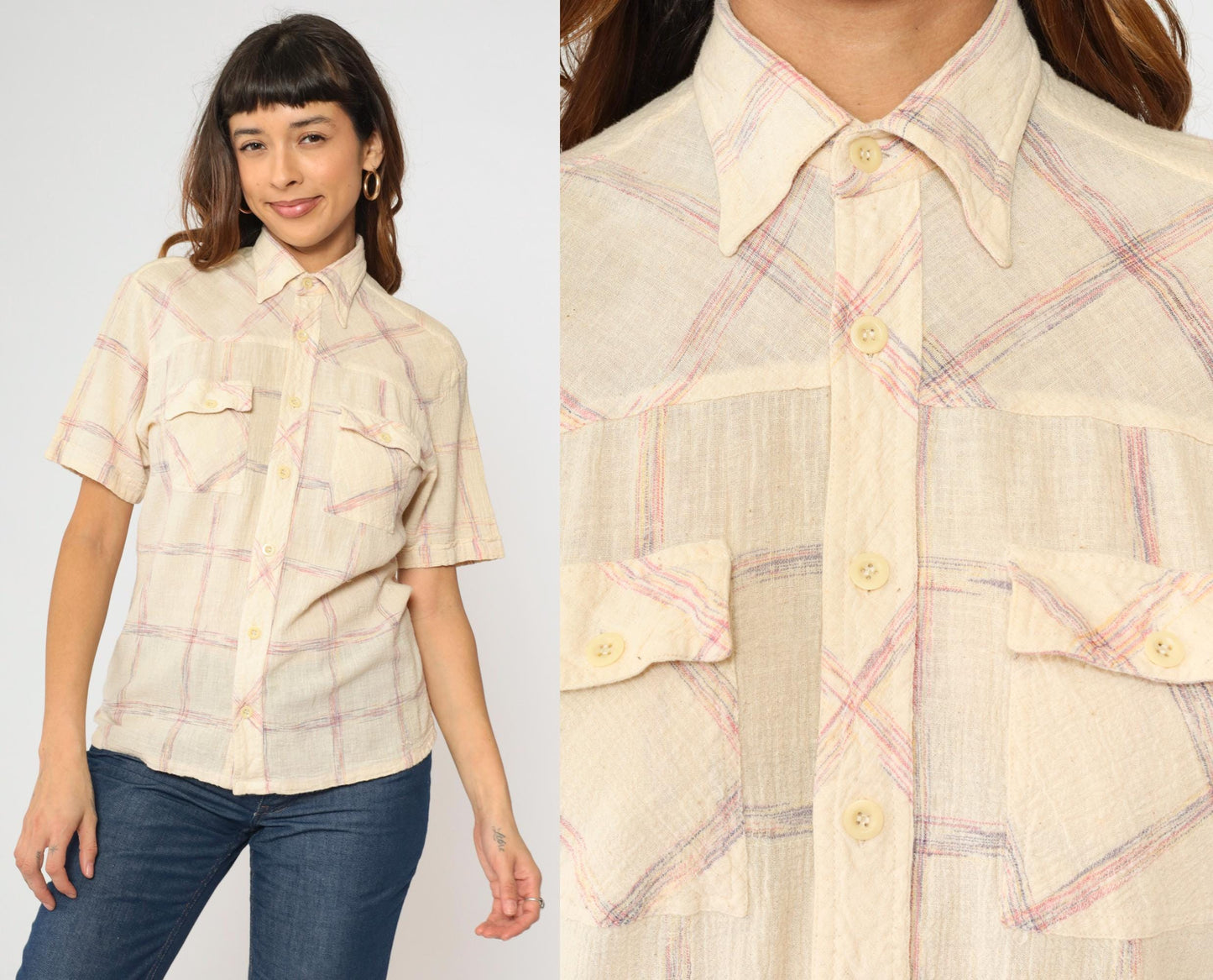 70s Trouper Gauze Plaid Shirt Cream Pointed Collar Button Up Medium