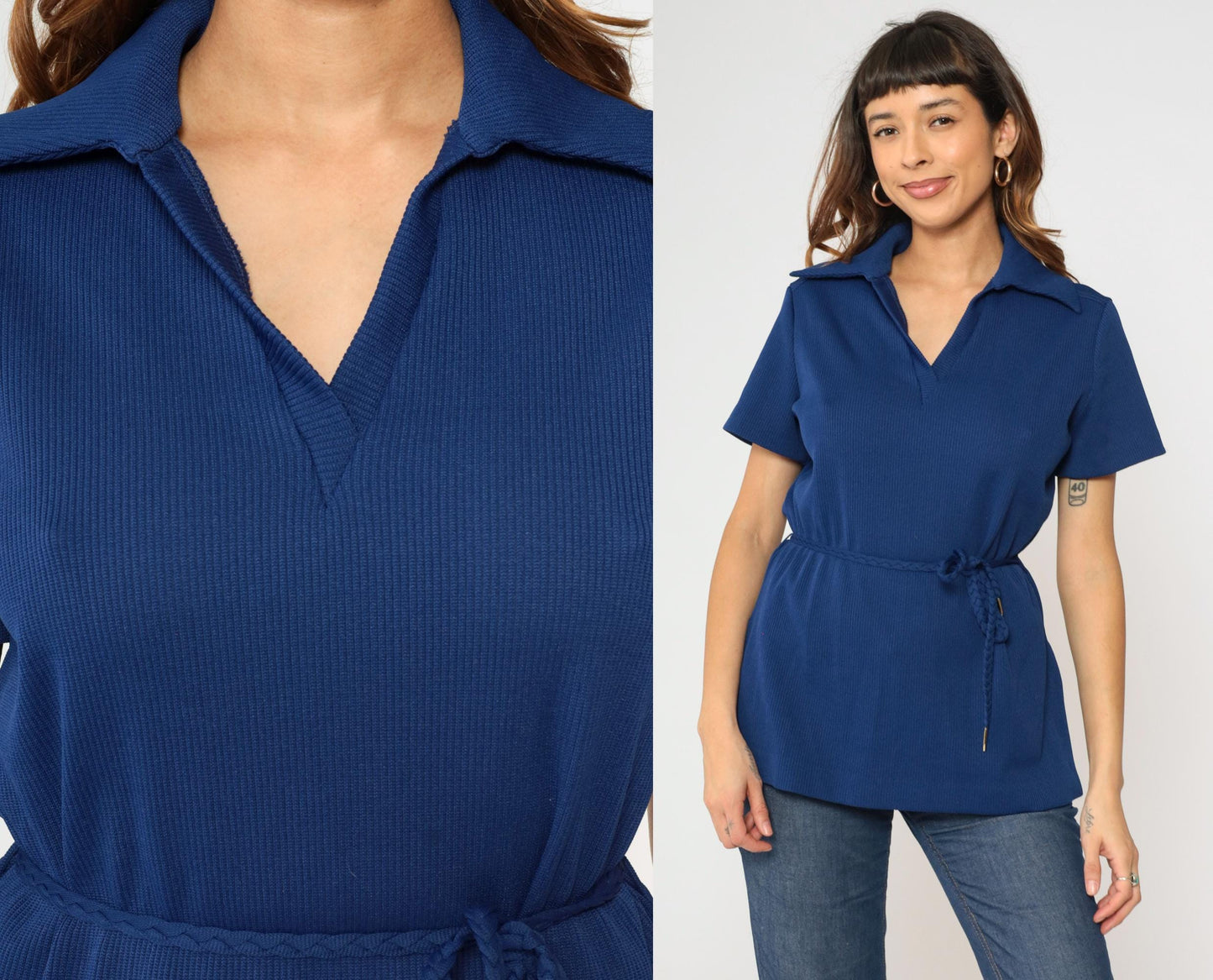 70s Dark Blue Ribbed Knit Johnny Collar Blouse Short Sleeve Large L