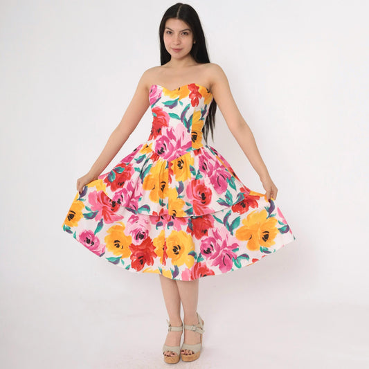 80s Robbie Bee Strapless Floral Midi Dress Sweetheart Neckline Smocked Pink Yellow Small Medium