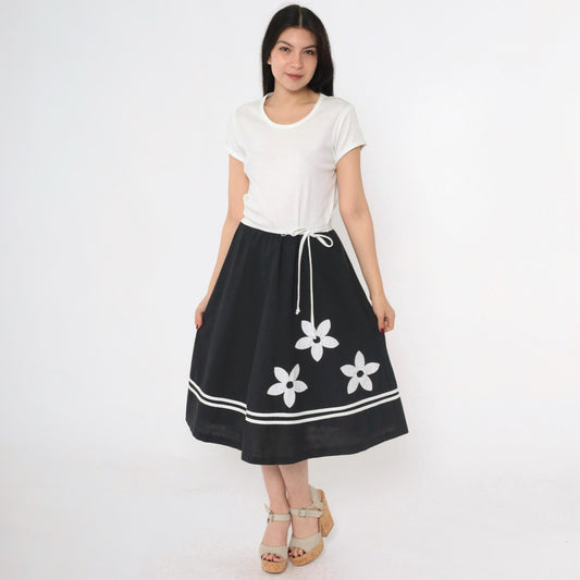 70s Toni Todd Black White Floral Appliqué Midi Dress High Waist Scoop Neck Medium