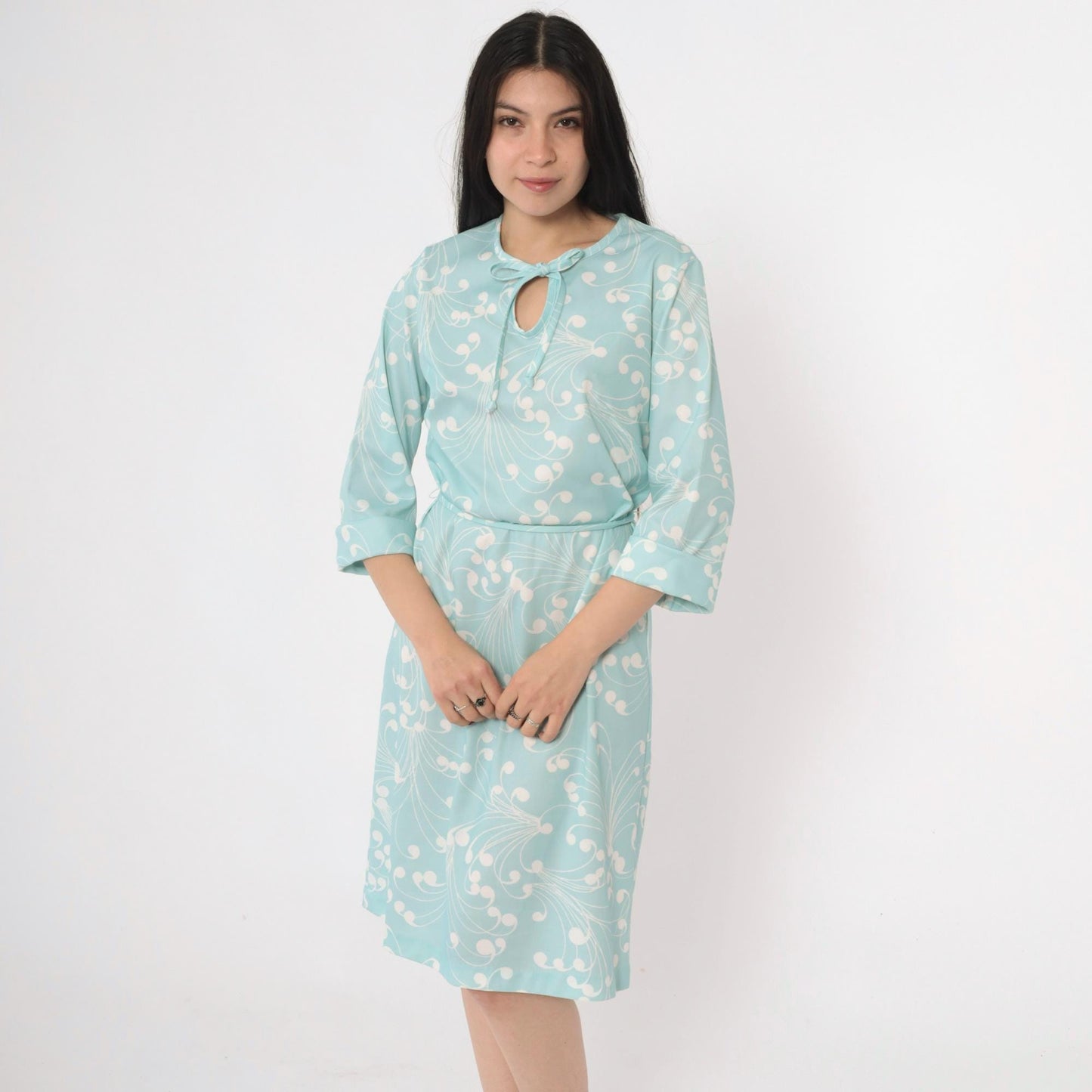70s Lady Blair Aqua Swirl Print Shift Dress Keyhole Tie Neck Medium