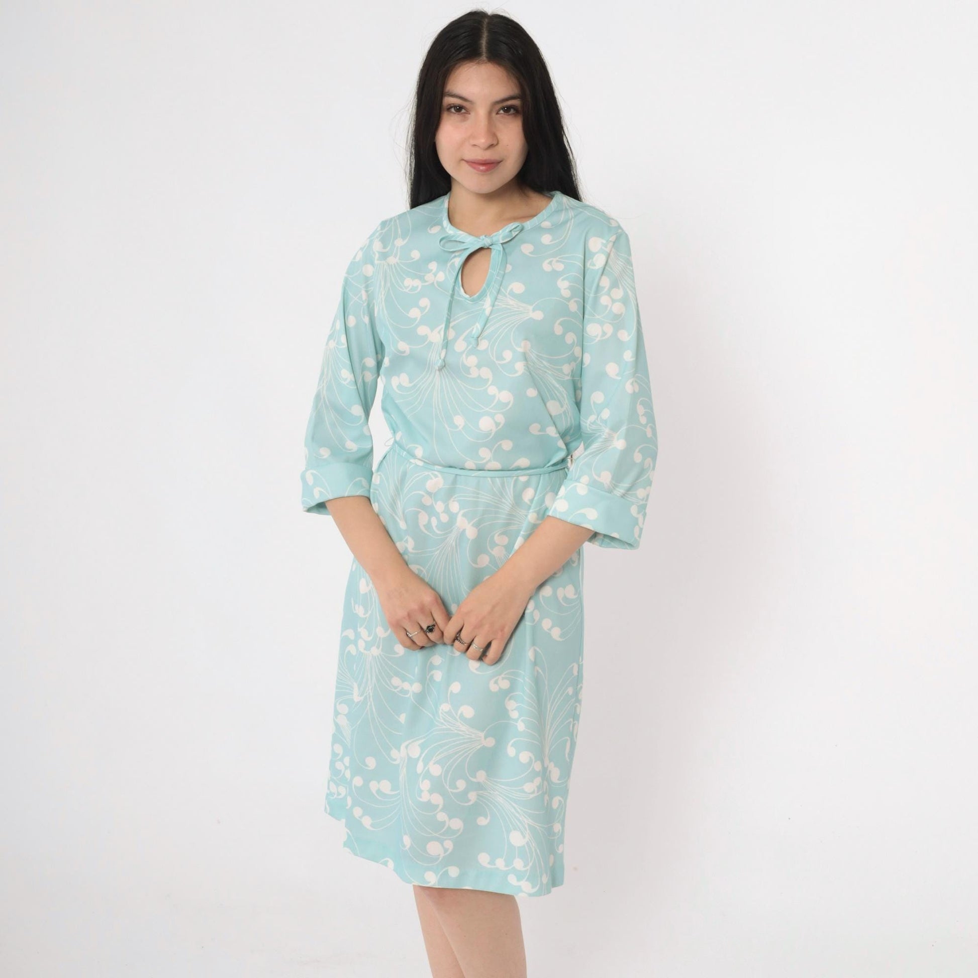 70s Lady Blair Aqua Swirl Print Shift Dress Keyhole Tie Neck Medium