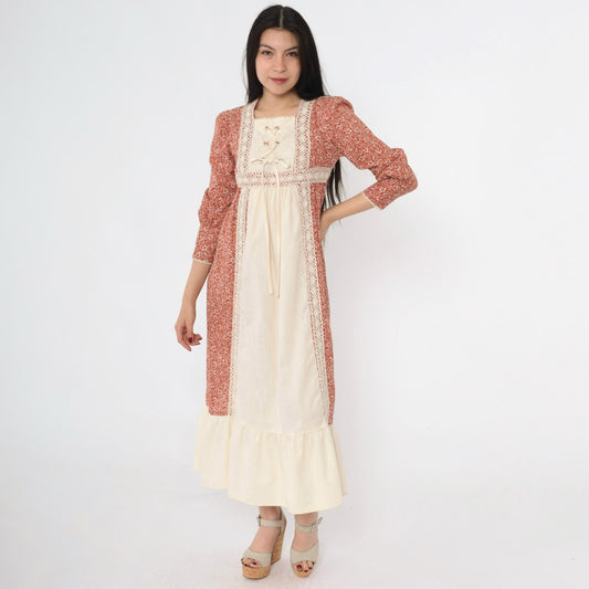 70s Prairie Dress Burnt Orange Calico Floral Midi Puff Sleeve Lace-Up Small