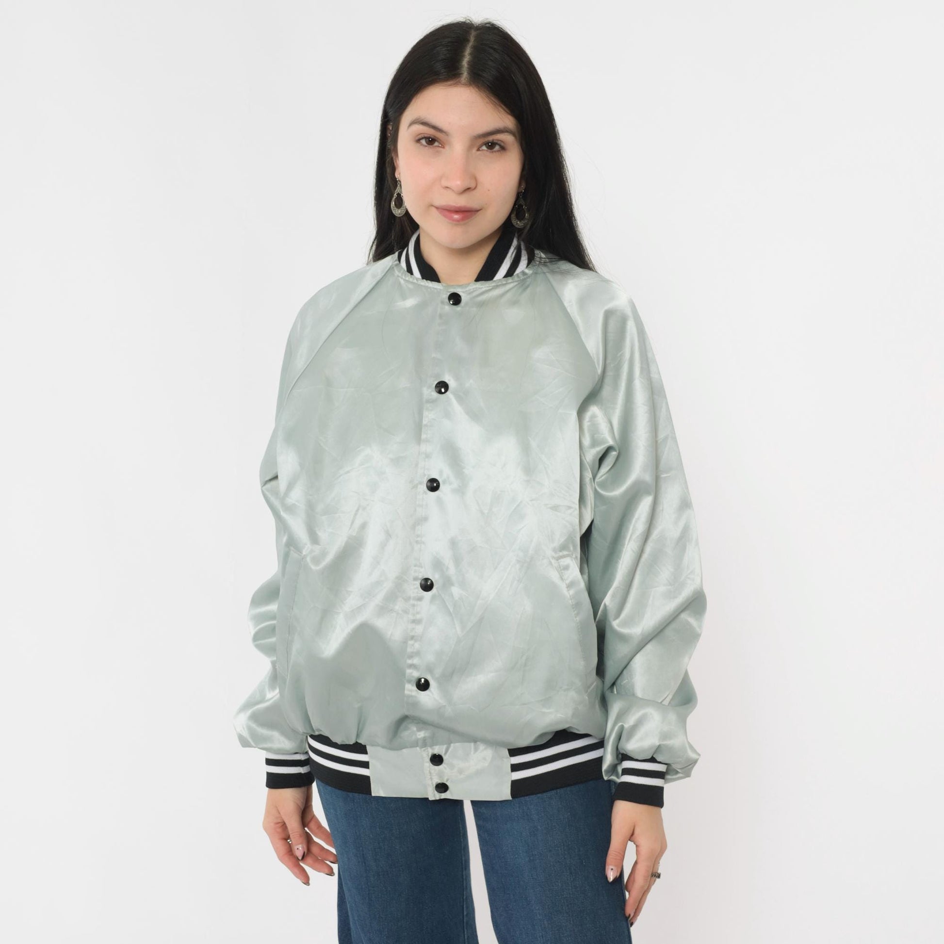 80s Silver Satin Bomber Jacket Tower Tavern Manitowoc Snap Front Men's Large