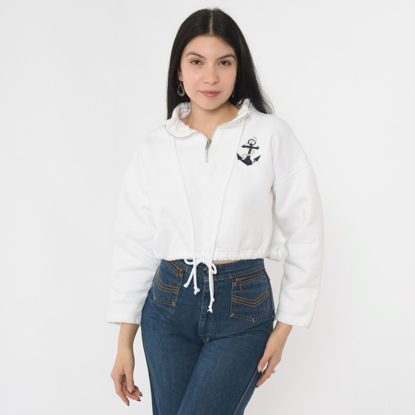 90s The Deep End White Anchor Embroidered Half-Zip Sweatshirt Cropped Large