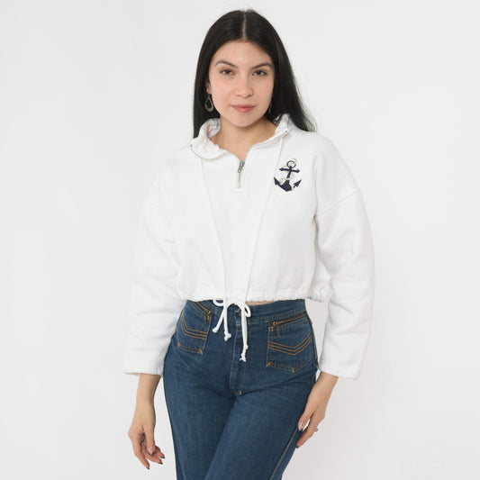 90s The Deep End White Anchor Embroidered Half-Zip Sweatshirt Cropped Large