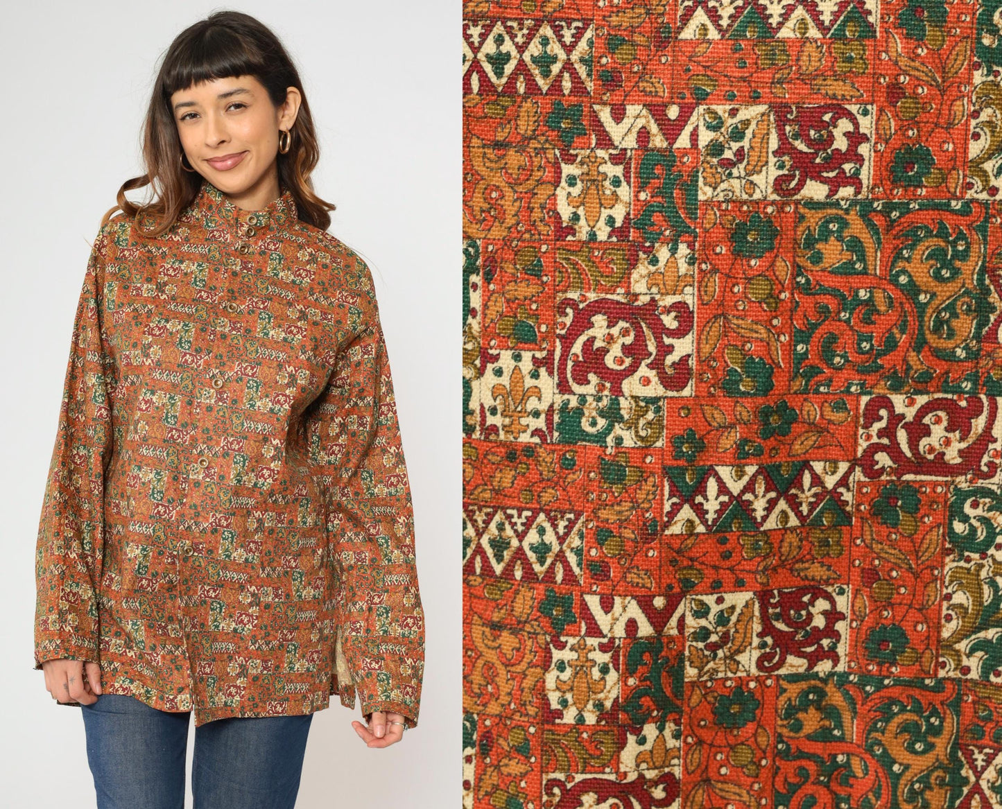 70s Patchwork Floral Stand Collar Tunic Shirt Orange Button Up Medium