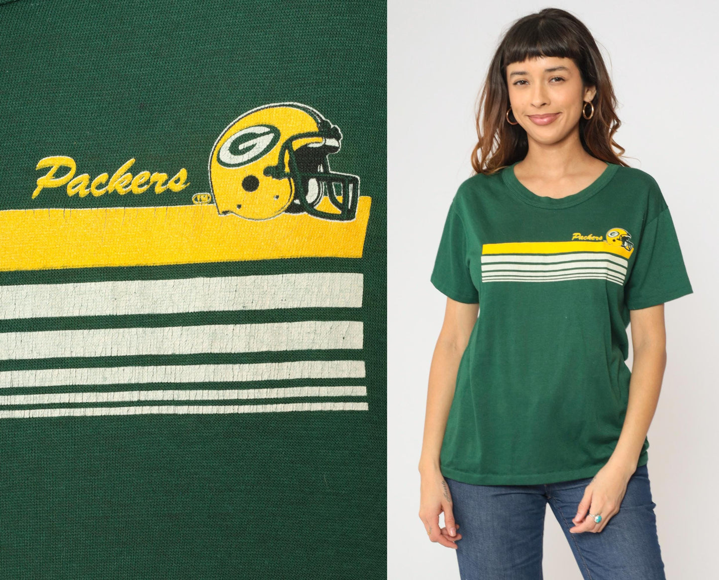80s Green Bay Packers Graphic T-Shirt Deep Green Striped NFL Football Tee Large