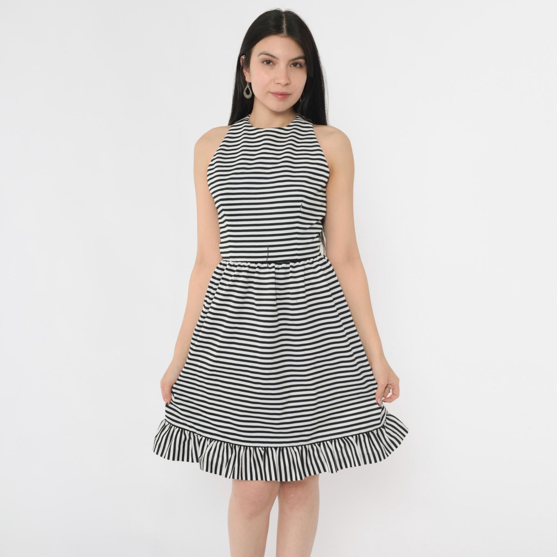 70s Joan Leslie Black White Striped Fit Flare Dress Criss-Cross Back Extra Small