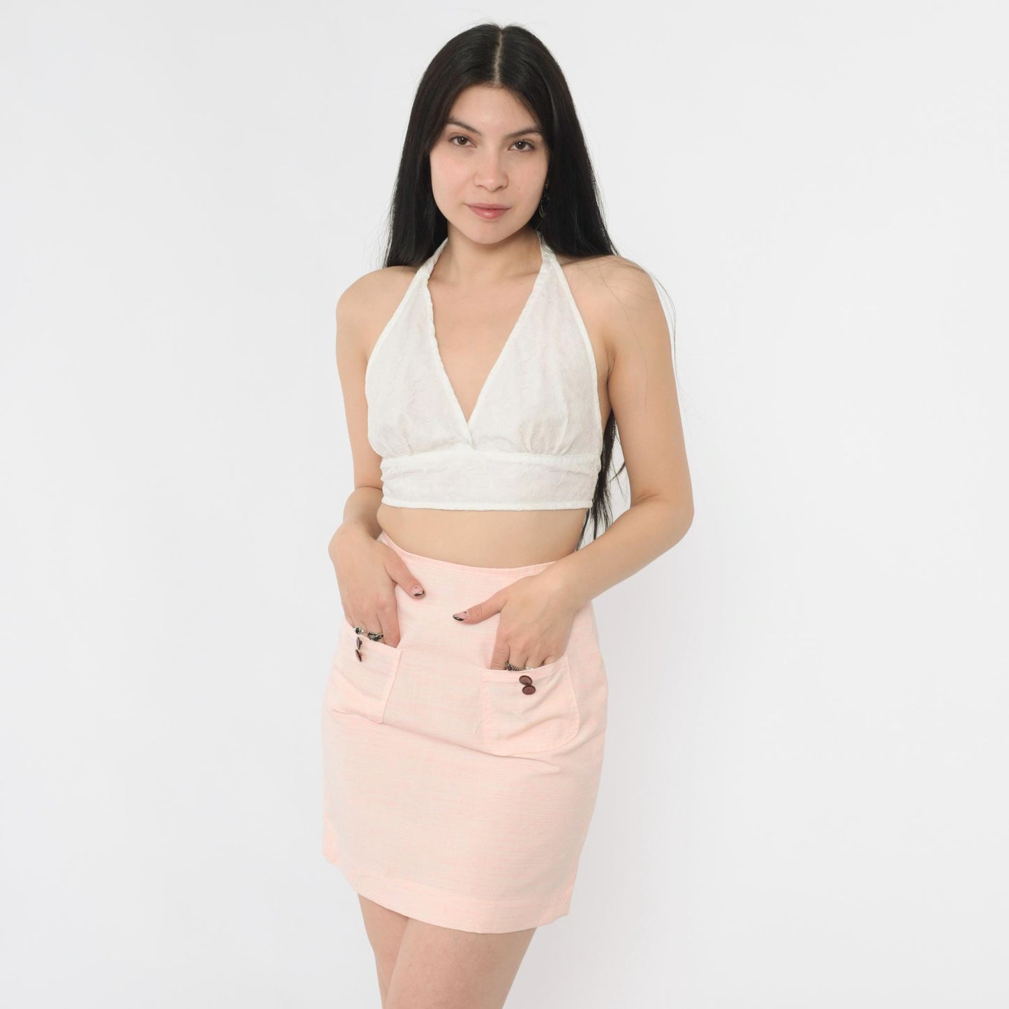 60s Pink Mini Skirt High Waist Mod Pencil Cut Pockets Extra Small