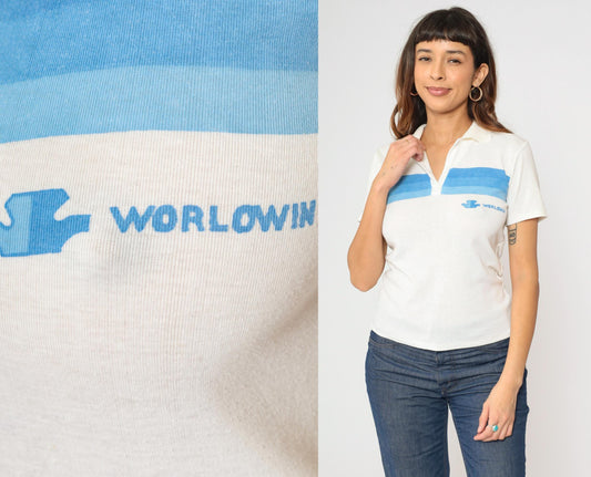 80s Worlowin Gradient Striped Polo Shirt White Blue Johnny Collar Small S