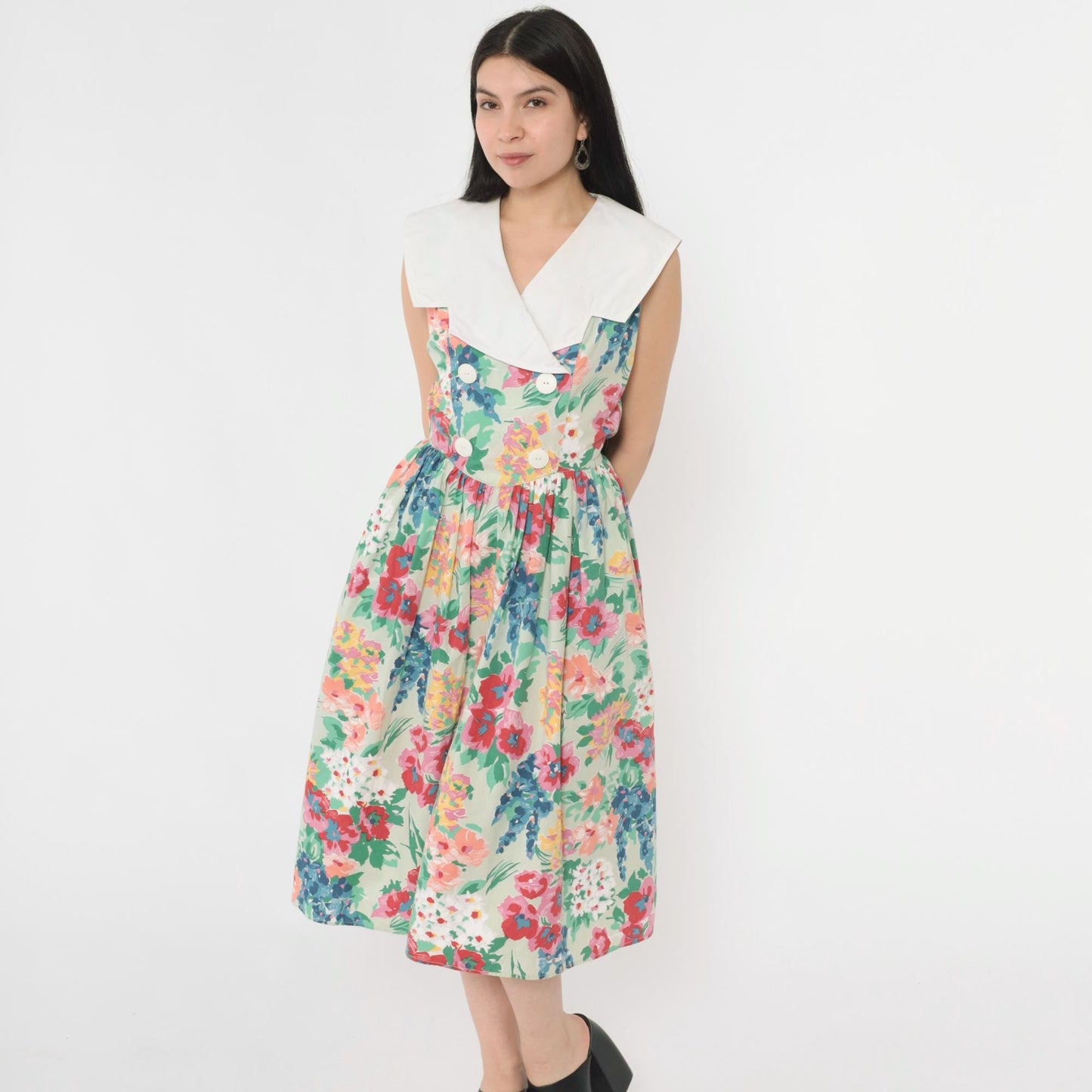 80s Floral Midi Dress Green White Collar Double Breasted Sleeveless Small