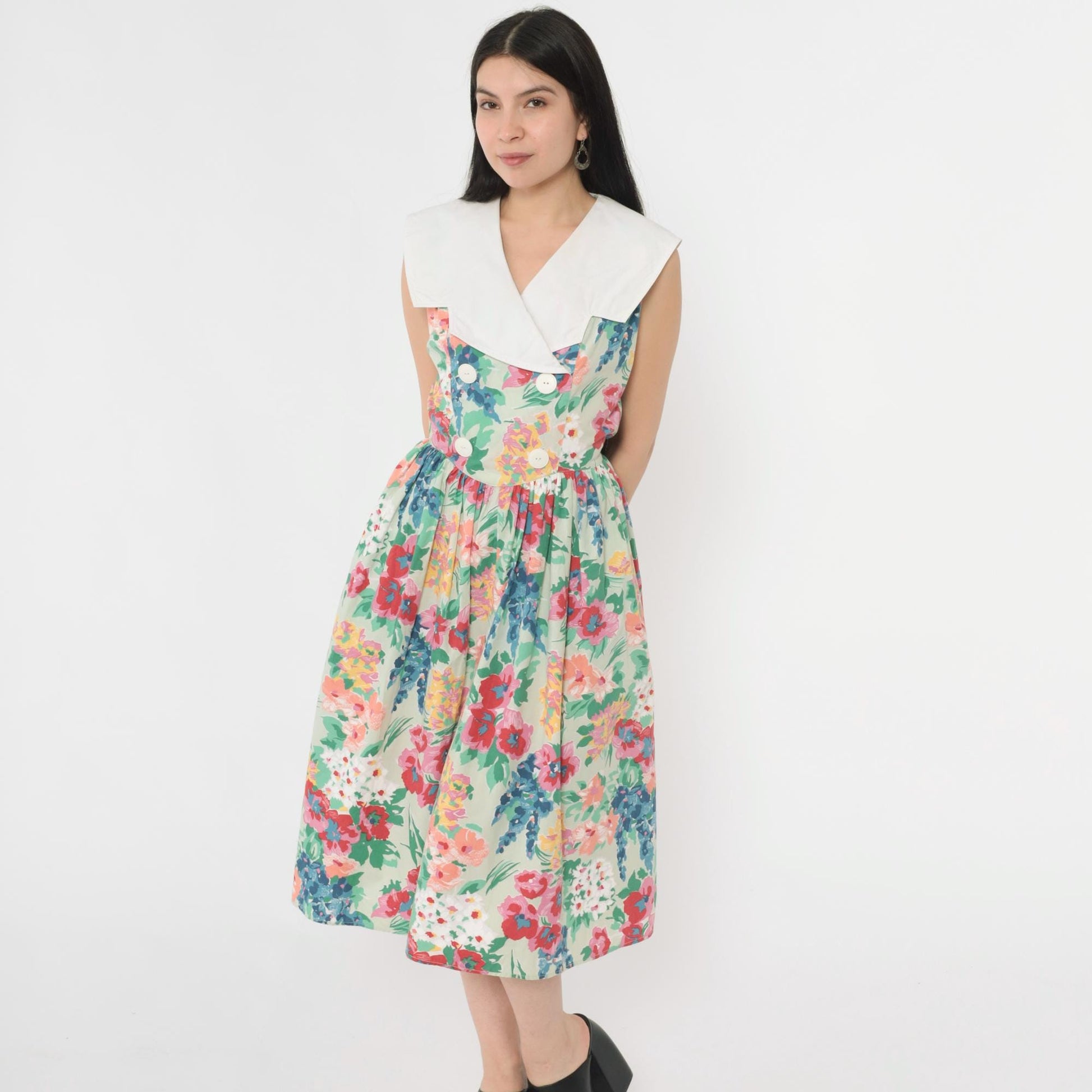 80s Floral Midi Dress Green White Collar Double Breasted Sleeveless Small
