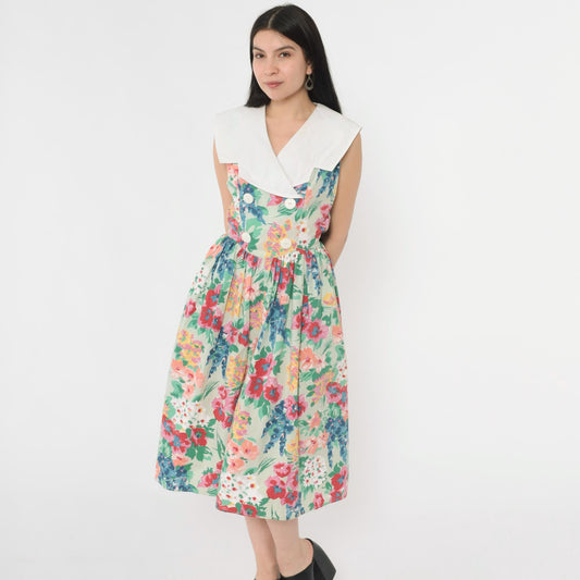 80s Floral Midi Dress Green White Collar Double Breasted Sleeveless Small