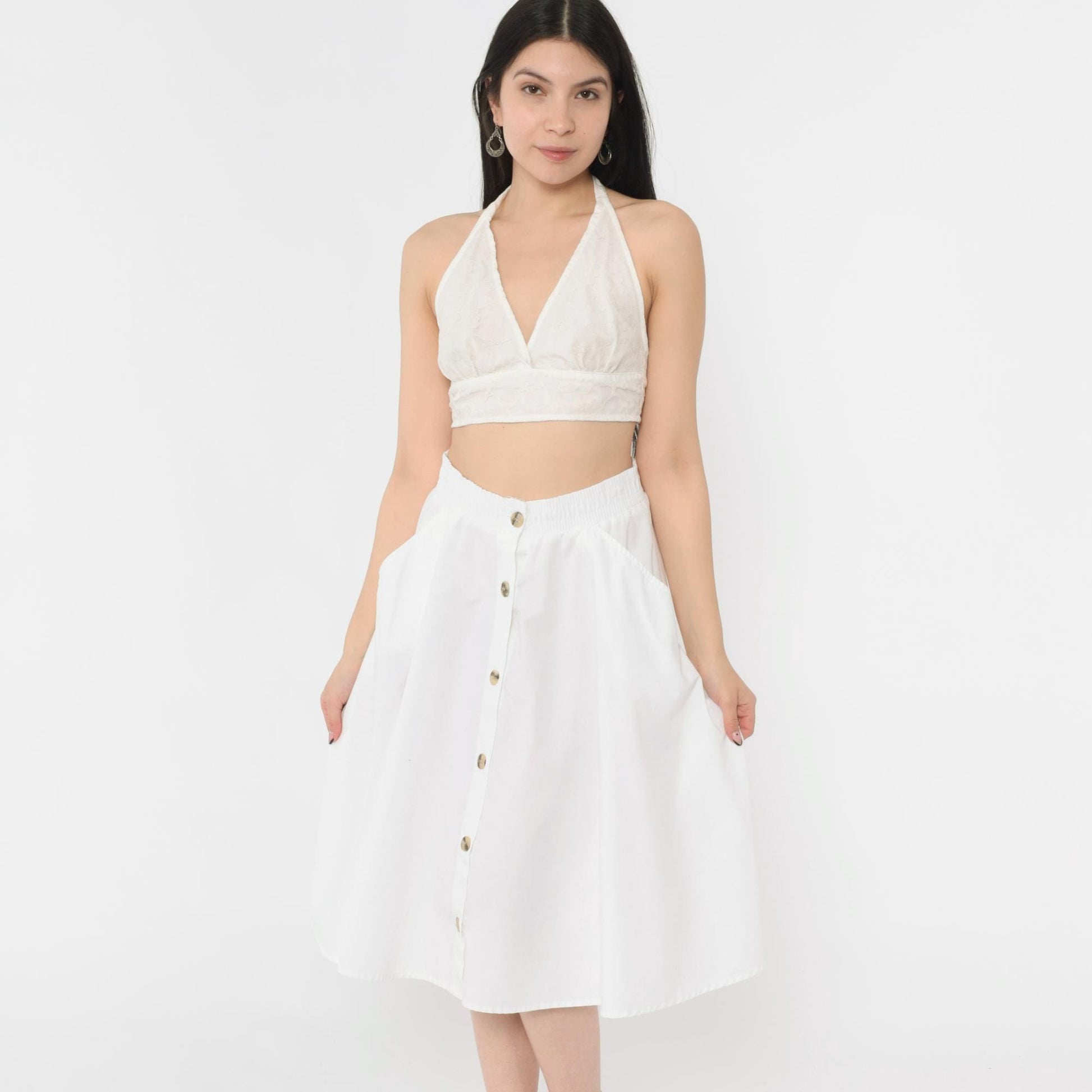 80s West Park White Button-Up Midi Skirt High Waist A-Line Pockets Small