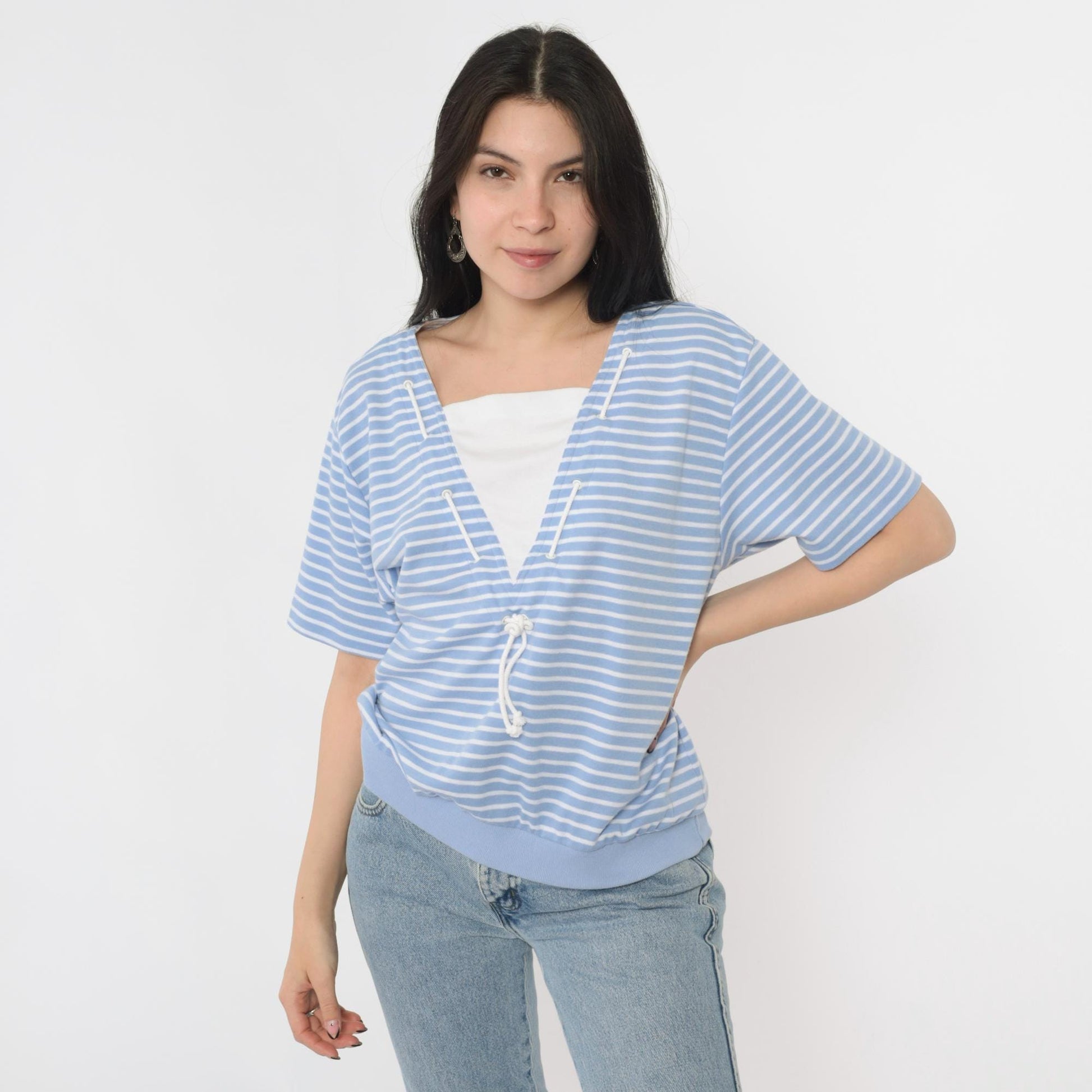 80s Jantzen Nautical Striped Shirt Light Blue White Drawstring Neck Medium Large