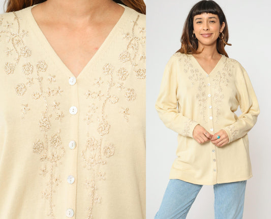 90s Cream Floral Embroidered Cardigan Sweater Longline V Neck Large L