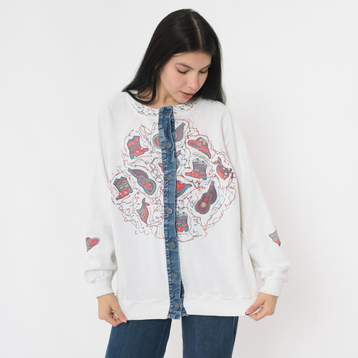 90s Western Cardigan Sweatshirt White Cowboy Boot Guitar Hat Applique Extra Large