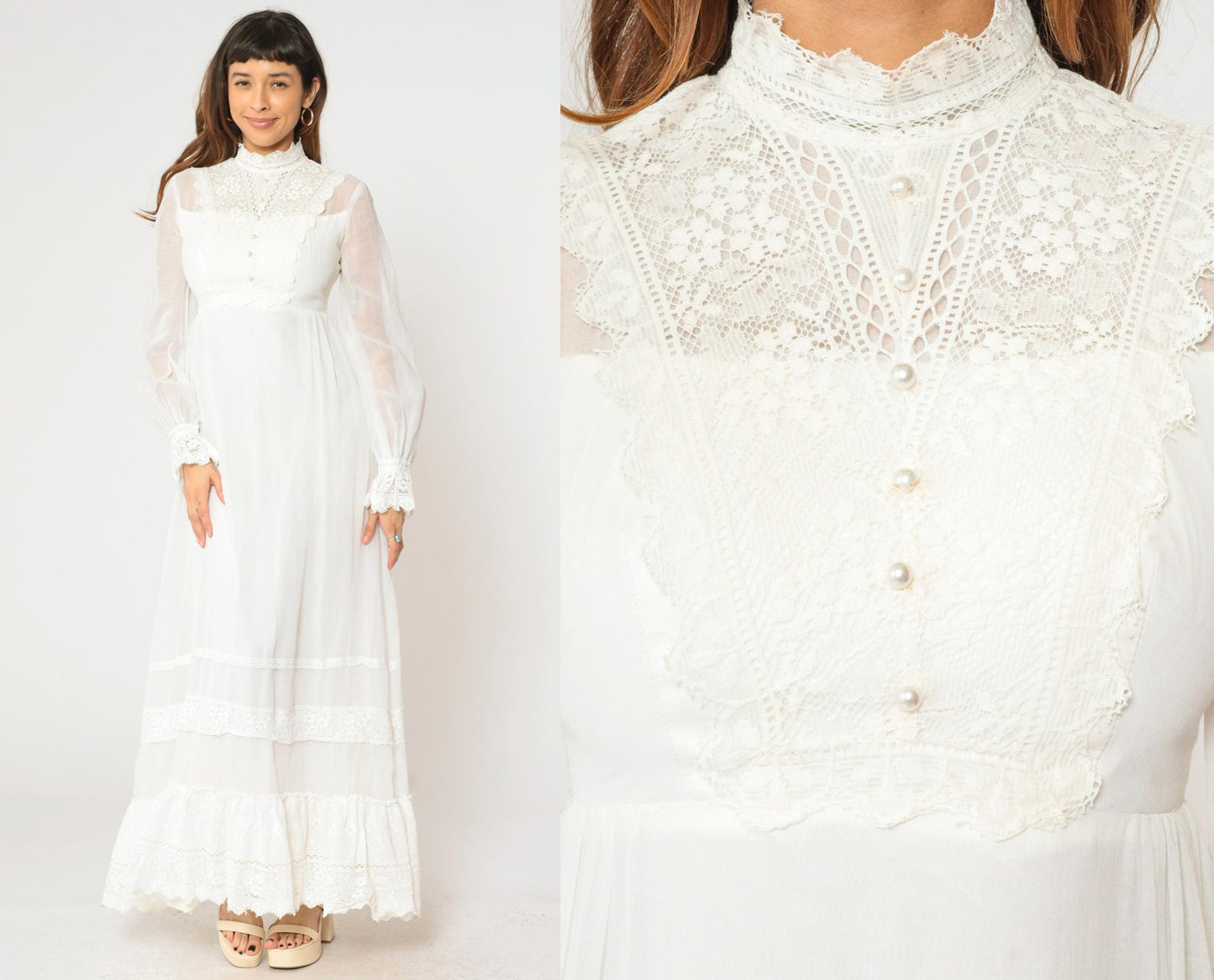 70s White Lace Wedding Dress Victorian Illusion Neckline Maxi Gown Small